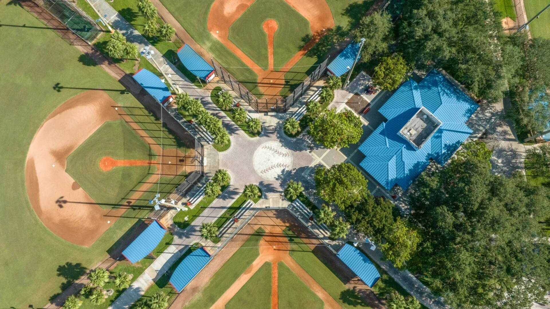 A view of an aerial photo of a baseball field.