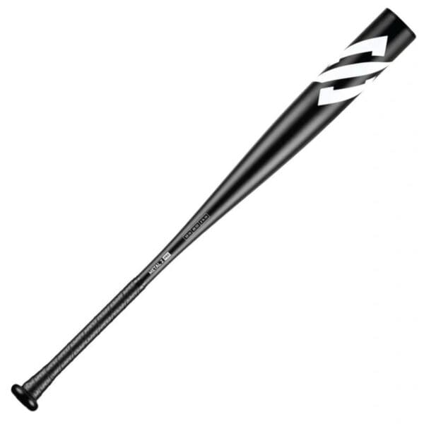 A baseball bat with a white stripe on it.